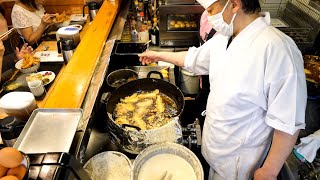 驚愕の爆量天丼！！熟練の天ぷらさばきが炸裂する行列天丼屋の１日丨Best Tendon in Tokyo：Tempura cooking [upl. by Anaugahs]