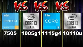 Pentium Gold 7505 vs Core i3 1005g1 vs 1115g4 vs 10110u [upl. by Francene719]