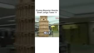 Clumsy Reporter Knocks Down Jenga Tower [upl. by Adnalahs]