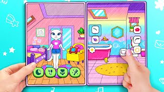 Paper Dolls Quiet Book  My Talking Angela in Quiet Book 😍 Pink Kitty House Decor  WOA Doll Channel [upl. by Manouch]