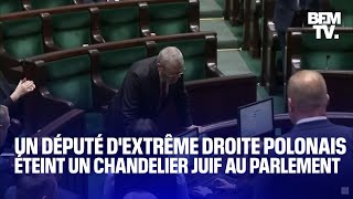 Pologne un député dextrême droite éteint un chandelier juif avec un extincteur [upl. by Htor]