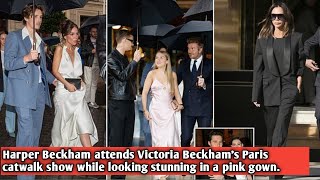 Harper Beckham attends Victoria Beckhams Paris catwalk show while looking stunning in a pink gown [upl. by Illil]