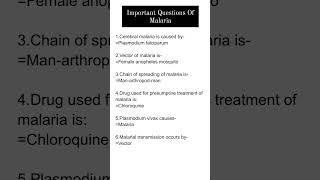 Important Questions Of Malaria shorts medical [upl. by Kenny793]