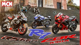 2022 Middleweight Sportsbike Shootout  Aprilia RS660 vs Yamaha R7 vs Honda CBR650R trackroad  MCN [upl. by Delanie]