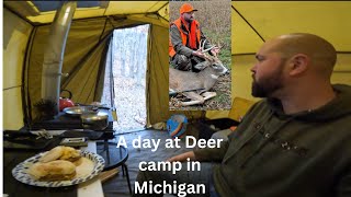 A day at Michigan deer camp  Wall tent camping with wood stove [upl. by Abernon474]