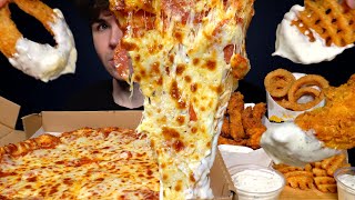 ASMR MUKBANG EXTRA CHEESY PIZZA CRISPY CHICKEN amp FRIES  WITH RANCH  Magic Mikey [upl. by Elayne]