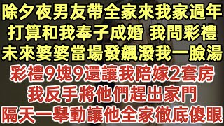 除夕夜男友帶全家來我家過年！打算和我奉子成婚 我問彩禮！未來婆婆當場發飆潑我一臉湯！彩禮9塊9還讓我陪嫁2套房！我反手將他們趕出家門！隔天一舉動讓他全家徹底傻眼！落日溫情生活經驗情感故事 [upl. by Linad]