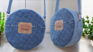 Como hacer un BOLSO REDONDO de JEANS viejosTransforma tus jeans en una obra de arteTUTORIAL Idea [upl. by Enecnarf30]