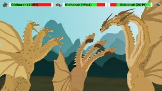 DC2 King Ghidorah 2001 vs King Ghidorah 1964 vs King Ghidorah 2019  ANIMATION  with healthbars [upl. by Nnalyrehc]