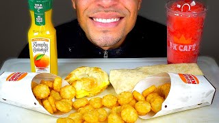 ASMR BURGER KING BREAKFAST MUKBANG  CHEESY EGGNORMOUS BURRITO CRISPY HASH BROWNS EATING CHALLENGE [upl. by Sivi]