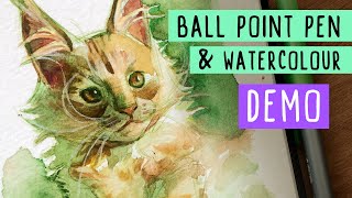 Ballpoint Pen amp Watercolor Demo  Professional art using office suppliesDRAW WITH ME ✍️🐱 [upl. by Ynolem1]