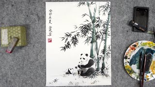 Pandas im Bambuswald  Ostasiatische Tuschmalerei Asian Ink Wash Painting [upl. by Monda]