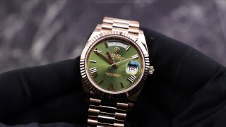 Rolex DayDate 40 228235 Olive Green Dial 60th Anniversary Unboxing amp Presentation [upl. by Garibull]