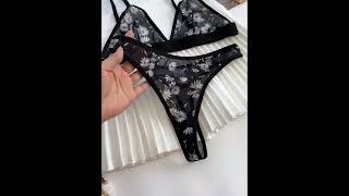 Sexy Floral Print Semi Sheer Mesh Bra amp Panty Plunge Cami Bra amp Thong Lingerie Set Womens Linger [upl. by Llij542]