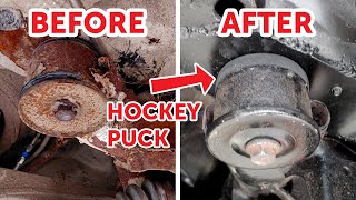 How to change BMW E46 SubFrame Bushing without puller  Fixed with Hockey Pucks [upl. by Eirrac]