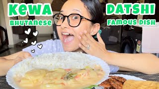 Famous Bhutanese Dish Kewa Datshi Pakoda Papad amp Rice Mukbang [upl. by Yllime413]