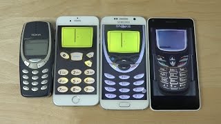 Nokia 3310 vs iPhone 6 vs Samsung Galaxy S6 vs Microsoft Lumia 640 Snake Gameplay 4K [upl. by Meekahs]