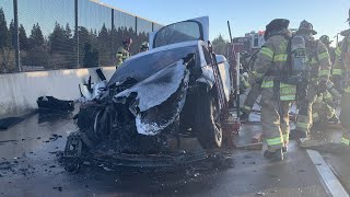 Tesla Spontaneously Catches Fire on California Freeway [upl. by Ellinehc]