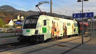 Bahnhof Rankweil Railjet m Bio AustriaLok RJ roter Taurus Güterzug m Alpenstaubsauger RH1144 [upl. by Shetrit745]