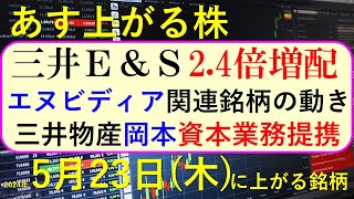 あす上がる株 2024年５月２３日（木）に上がる銘柄 NVIDIAの決算とエヌビディア関連銘柄。三井EampS、三井物産、大塚。SHIFTの株価。～最新の日本株での株式投資。高配当株やデイトレ情報も～ [upl. by Akitnahs842]