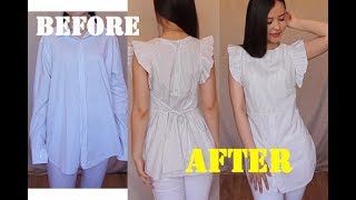 Mens shirt into Pretty shirt with ruffles 100upcycle refashion idea [upl. by Aggy]