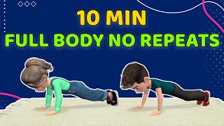 10MIN WORKOUT FOR KIDS  FULL BODY NO REPEATS [upl. by Ingalls]