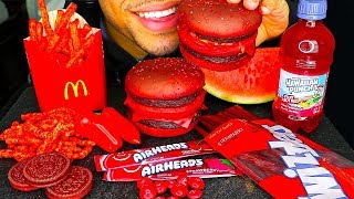 ASMR EATING RED FOOD MUKBANG JERRY HOT CHEETOS MCDONALDS BIG MAC FRIES OREOS FRUIT NO TALKING [upl. by Sissel]