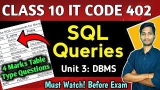 SQL Queries Class 10  Database Management System Important Questions  IT CODE 402  TERM 2 [upl. by Mchenry994]