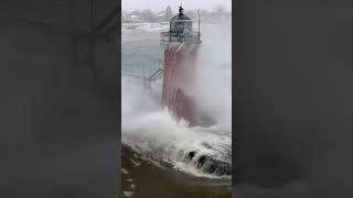 South Haven Lighthouse ampPier getting hit with huge wave and iceshortslighthouse [upl. by Kelsi]