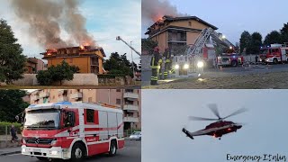 Grosso incendio tetto arrivo automezzi  opere di spegnimento dei Vigili del Fuoco  sorvolo Drago [upl. by Pip]