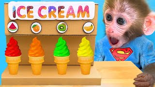 Monkey Baby Bon Bon doing shopping in Toy store and eats ice cream rainbow with puppy the pool [upl. by Hailat]