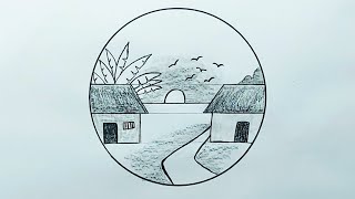 Beautiful village scenery drawing in circle  Indian nature scenery drawing  prakritik drishya [upl. by Metabel]