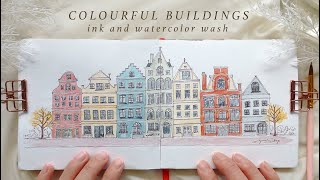 Colourful Buildings Pen Drawing with Simple Watercolor Wash [upl. by Gio]