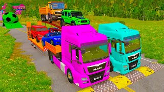 Double Flatbed Trailer Truck vs Speedbumps vs Train vs Cars  Tractor vs Train  BeamngDrive 009 [upl. by Sidran422]