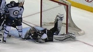 Jonathan Quick lifts his leg for crazy save [upl. by Ahsitil]