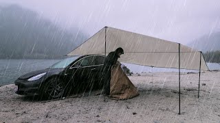 Tesla Car Camping in Heavy Rain and Windstorm  Hot Tent Wood Stove [upl. by Asalocin155]