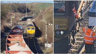 Singleline token exchanged as heavy freight trains cross at Great Rocks Jct [upl. by Aicilef]