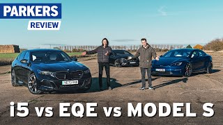 Tesla Model S vs BMW i5 vs MercedesAMG EQE Review  Which premium electric saloon car is best [upl. by Zubkoff]