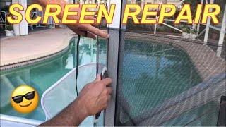 DIY SCREEN REPAIR  REPLACING A RIPPED SCREEN on a Pool Enclosure Patio or Window [upl. by Edmead107]