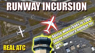 RUNWAY INCURSION United Boeing 777 entered runway without clearance REAL ATC [upl. by Annalise]