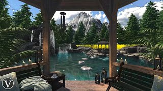 Waterside Gazebo  Day amp Sunset Ambience  Wind Chimes Birds Waterfall amp Forest Nature Sounds [upl. by Kym]