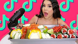 ASMR TRYING VIRAL TikTok SNACKS JALAPEÑOS TAKIS amp CREAM CHEESE BELL PEPPERS EVERYTHING BAGEL [upl. by Llehsem]