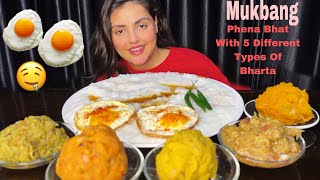 Eating Phena Bhaat 5 different types of Bharta Sunny side up Eggs 🥚  Homely Food Eating ASMR [upl. by Annoirb]