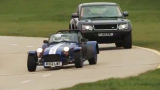 Land Rover Bowler EXR S v Caterham Seven Supersport race  autocarcouk [upl. by Ycal]