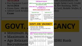 IDBI BANK VACANCY Notification 2024 l Exam pattern l Apply l salary l Syllabusjobshorts [upl. by Kurth]