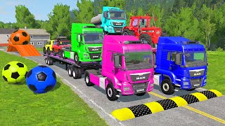 Flatbed Trailer Cars Transportation with Truck  Speedbumps vs Cars vs Train  BeamNGDrive [upl. by Enrique]