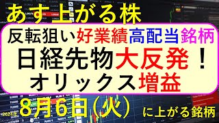 あす上がる株 2024年８月６日（火）に上がる銘柄。伊藤忠、ＪＦＥ、オリックス、味の素、ローム、キッコーマン、コンコルディアの決算と日経先物の反発～最新の日本株情報。高配当株の株価やデイトレ情報も～ [upl. by Chicky]