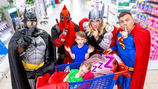 Hide and Seek in Supermarket with Superheroes  Vania Mania Kids [upl. by Ycul]