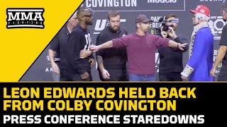 Leon Edwards Held Back From Colby Covington Full Presser Staredowns  UFC 296  MMA Fighting [upl. by Milstone591]