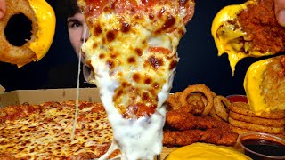 ASMR MUKBANG EXTRA CHEESY PIZZA CRISPY CHICKEN HASH BROWNS amp ONION RINGS  WITH RANCH  Magic Mikey [upl. by Artened56]